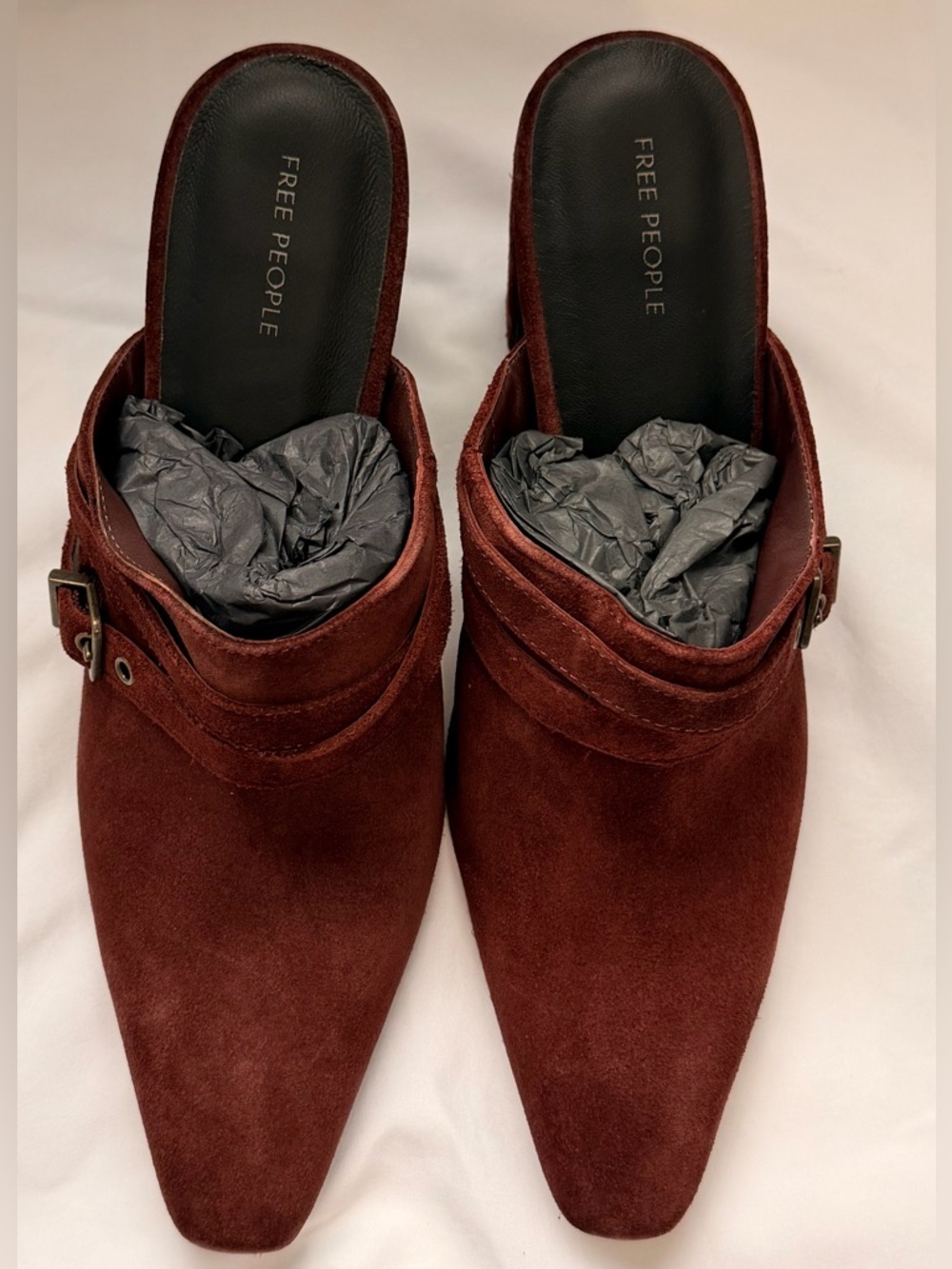 Free People Burgundy Suede Pointed Buckle Mules